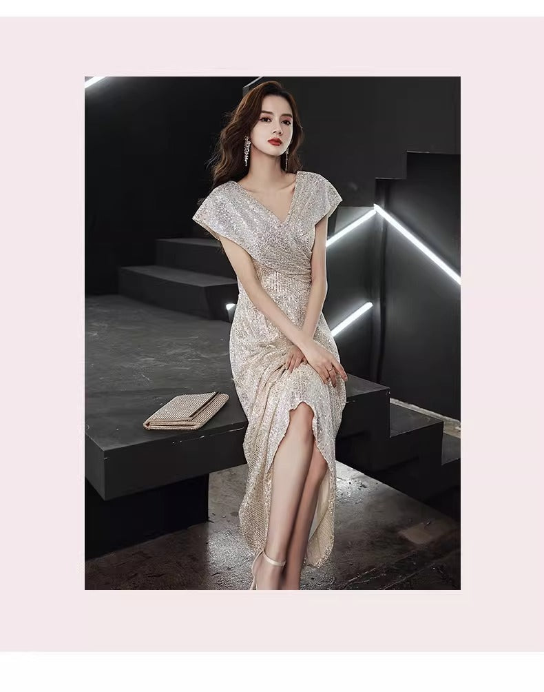 Banquet Evening Dress 2024 New High Sense V-neck Sequins Special Interest Light Luxury Performance Host's Dress Dress