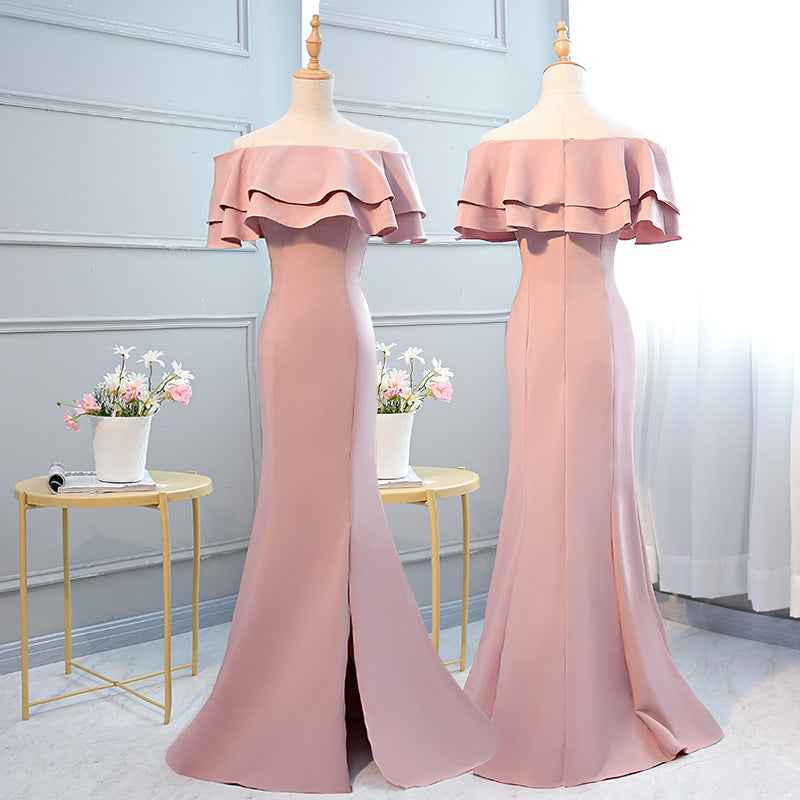 Ladybros' Dress 2023 Summer Autumn New Style off-Shoulder Annual Meeting Pink Figure Flattering Fishtail Dress for the Besties Bridesmaid Dress for Women