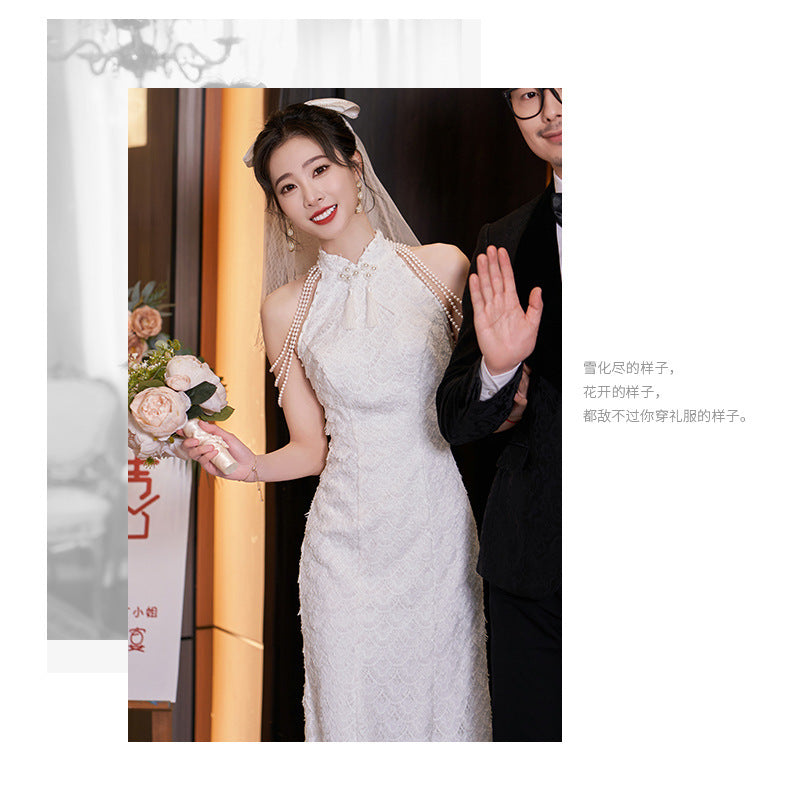 New Chinese Style Registration Slim White Dress Autumn and Winter Improvement Young Cheongsam Engagement Bride Lace Fishtail Dress