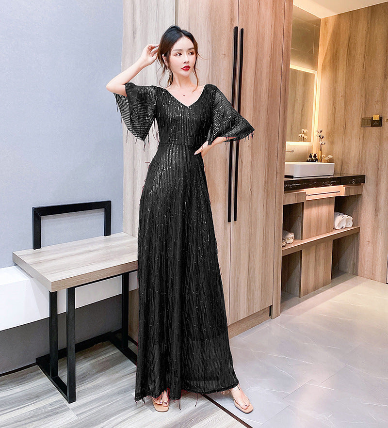 Starry Evening Dress Dignified Temperament Bride Toast Dress V-neck Flared Sleeves Sequined Tassel Slimming Long Dress Women