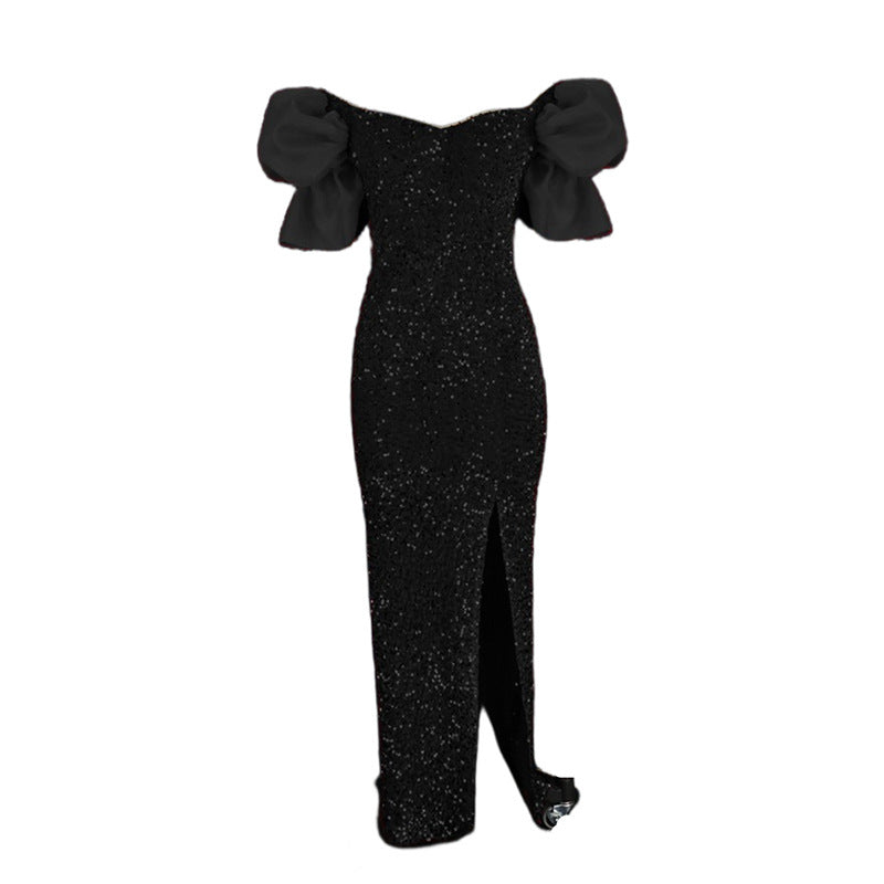 European and American Evening Dress Retro Party Exaggerated Puff Sleeve Sequined Small Dress Design Sense Slit Sheath Skirt Toast Clothing