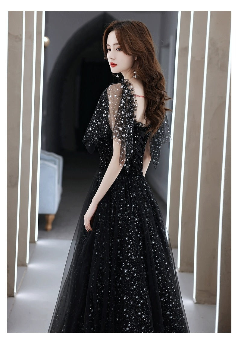 Black Evening Dress Women's High Sense Host Banquet 2024 New Autumn High-End Temperament Light Luxury Minority