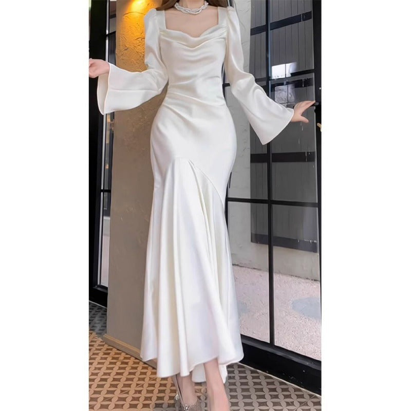 French Style Long Sleeve Fishtail Dress Early Spring High-End Satin Collar White Dress Engagement Dress Wedding Morning Gowns