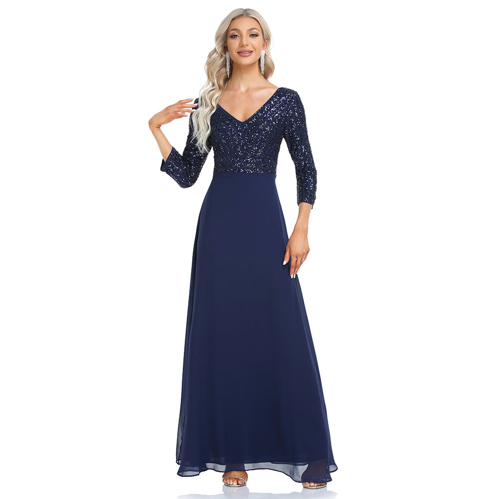 2023 Spring and Summer Women's Chiffon Bridesmaid Dress Double V-neck Dress 3/4 Sleeve A- line Large Hem Sequin Stitching Evening Dress