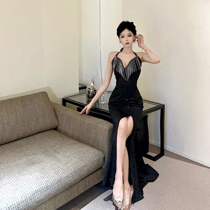 28654 Europe and America Southeast Asia Foreign Trade Wholesale 2024 Women's Clothing Socialite Heavy Industry Dress High Waist Slit Dress