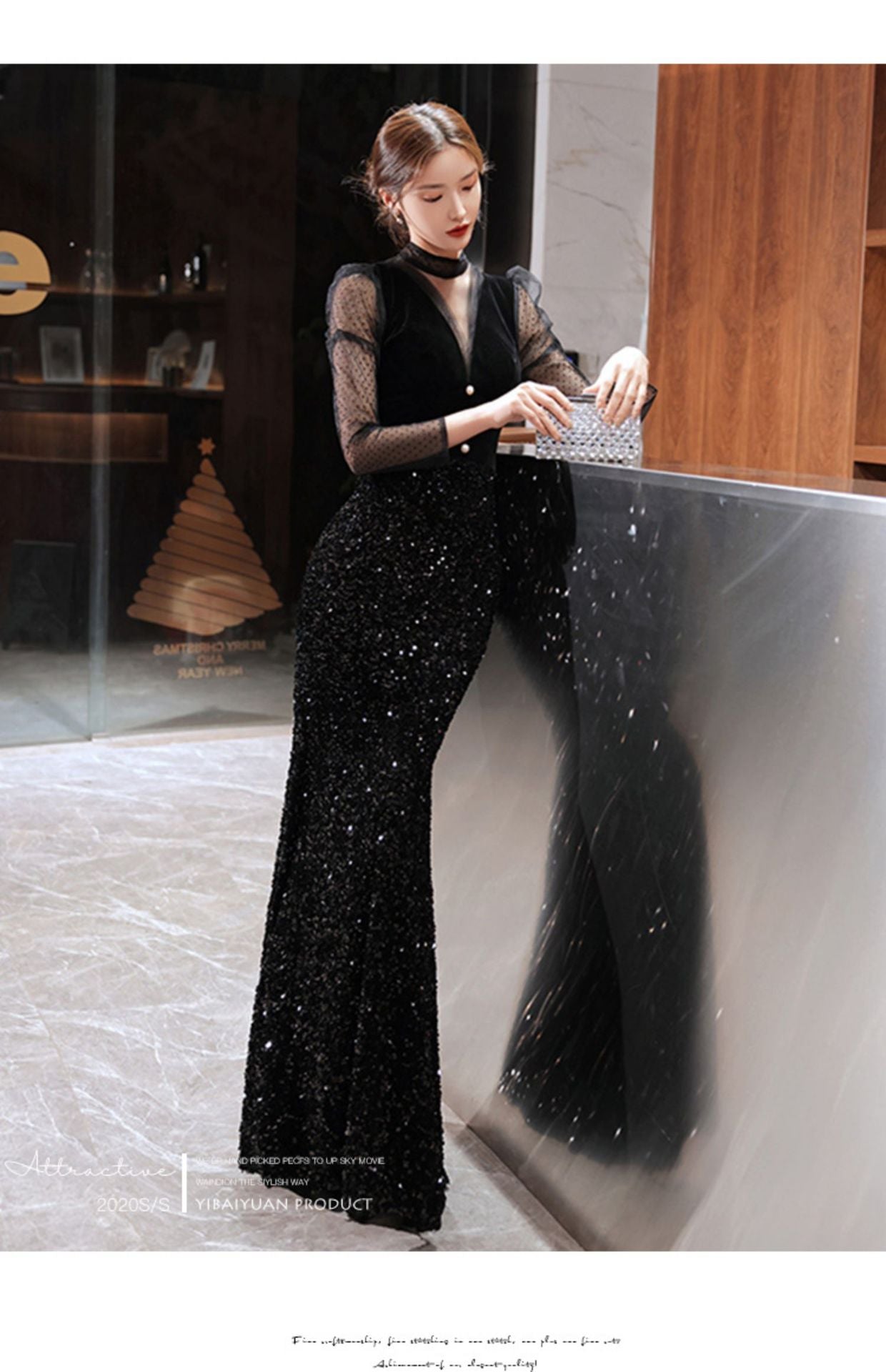 Black Velvet Evening Dress 2024 New Temperament Banquet Fishtail Vocal Dress Art Exam Long Sleeve Host Clothing