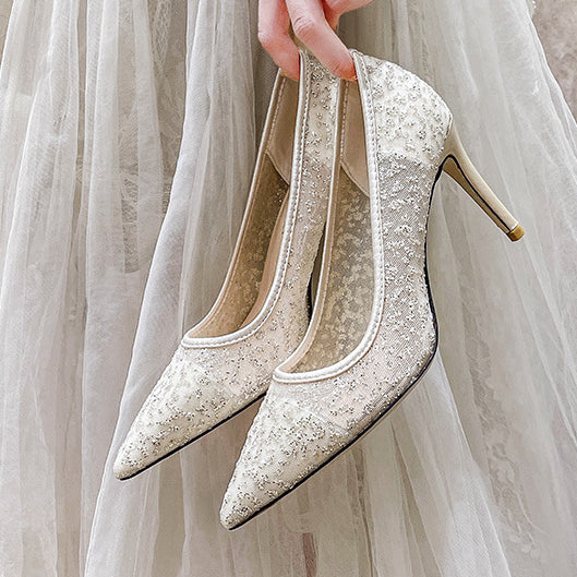 High Heels Wedding shoes Crystal Stiletto Heel Sequined Sexy Mesh Bridal Wedding Shoes Bridesmaid Lace Banquet Dress Single-Layer Shoes H919