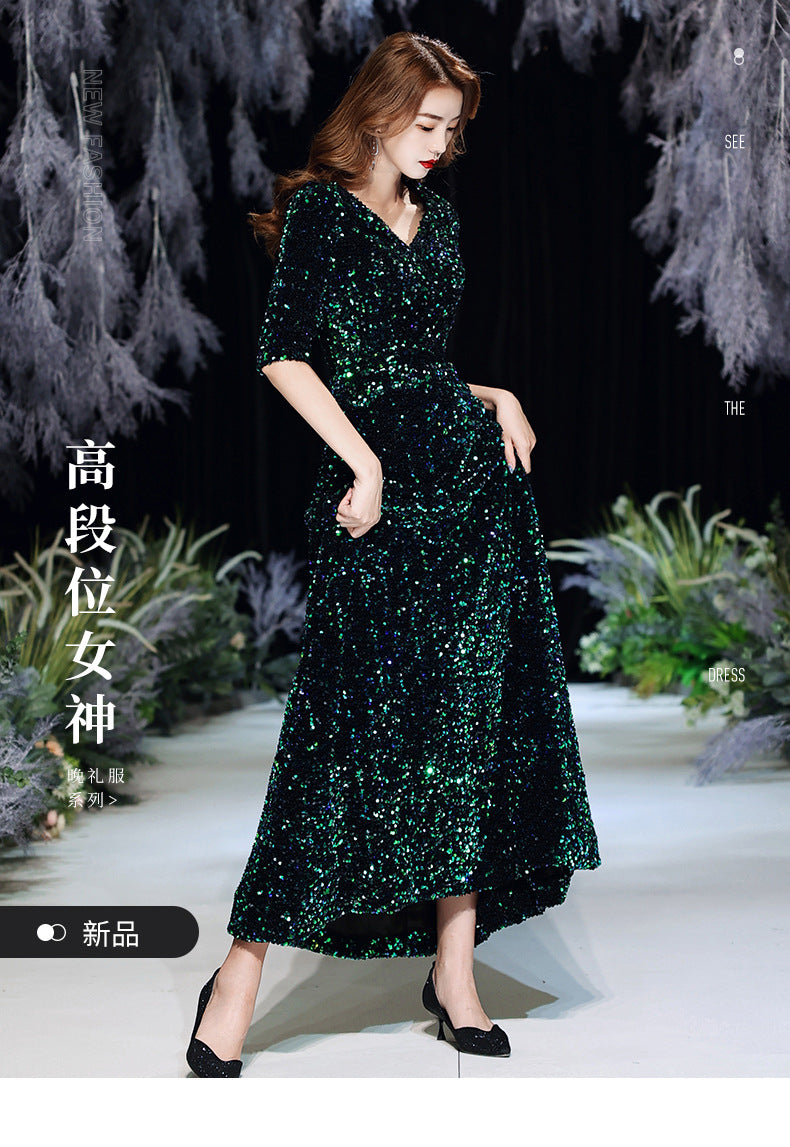 Green Sequins Annual Party Evening Dress Female 2024 Spring and Spring New Banquet Temperament Texture Host Long Dress