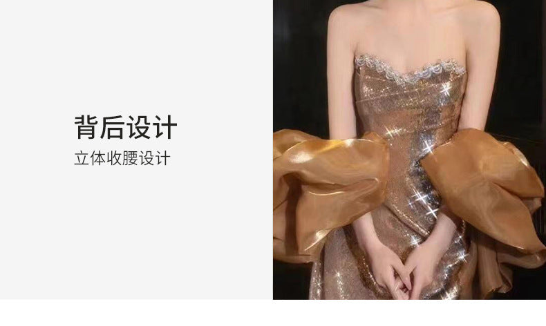 Golden Evening Dress 2024 High-Grade Wine Red Tube Top Bride Engagement Toast Dress Banquet Temperament Host