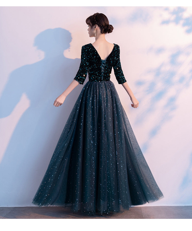 Dark Green Annual Party Evening Dress 2024 Autumn New Fashion Sexy V-neck Banquet Host Long Dress