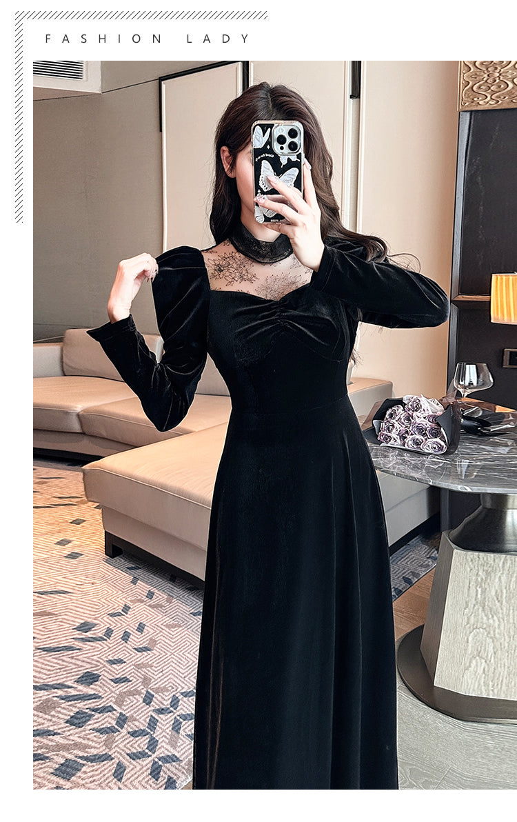 2023 Autumn and Winter Annual Party Party Dress Skirt ~ French Style Hepburn Elegant Half Turtleneck Lace Stitching Velvet Dress