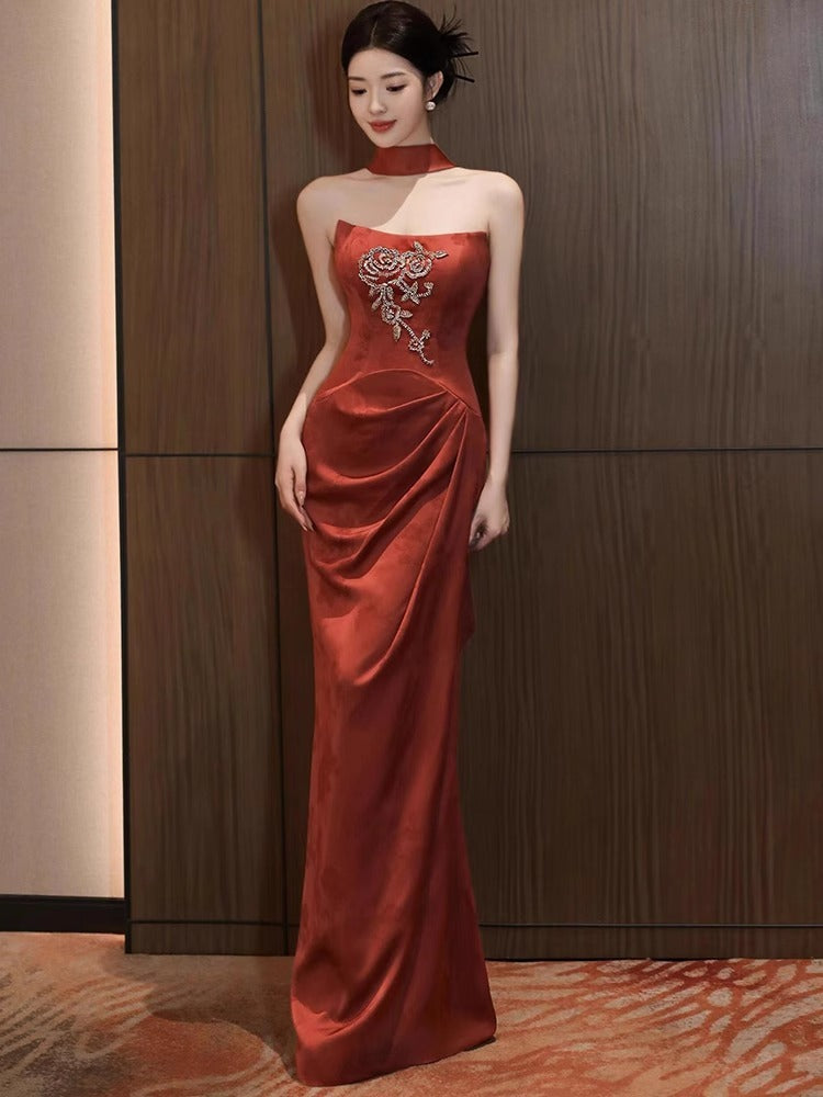 New Chinese Style Morning Gowns Women's 2024 New High-Grade Bride Engagement Formal Dress Toast Dress Tube Top out of Court Banquet Fishtail Skirt