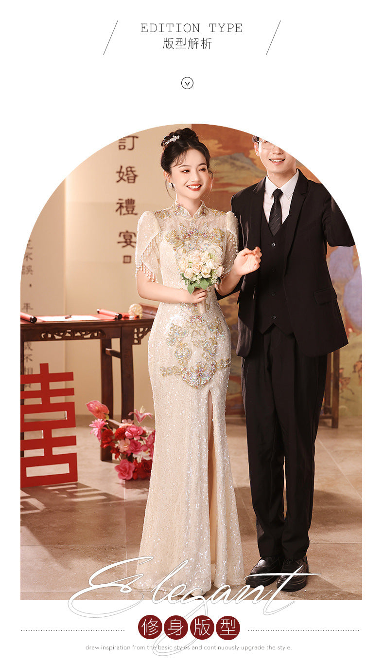 New Chinese Evening Dress Light Luxury High-End Toast Dress Bride Bride Outfit Champagne Cheongsam Engagement Dress Spring