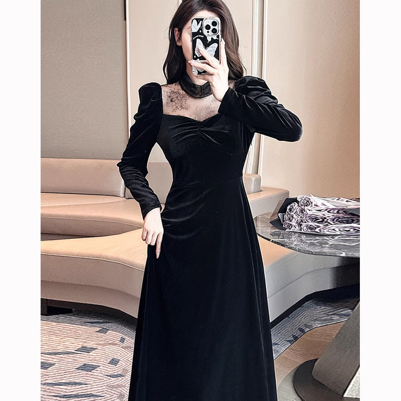 2023 Autumn and Winter Annual Party Party Dress Skirt ~ French Style Hepburn Elegant Half Turtleneck Lace Stitching Velvet Dress