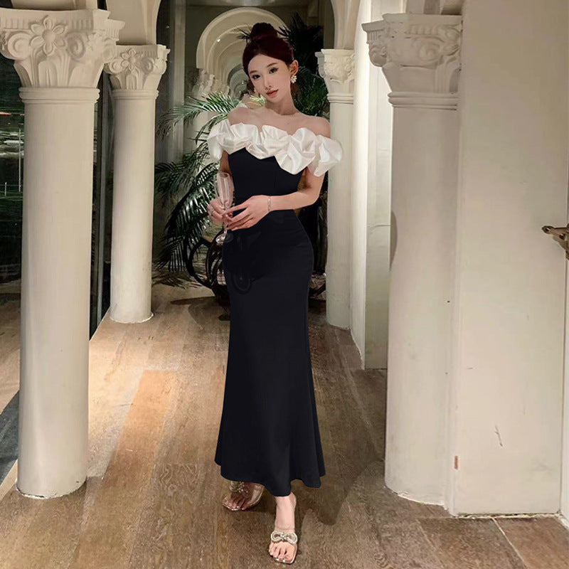 2883 Cross-Border Foreign Trade Women's Clothing Wholesale Southeast Asia off-Shoulder Contrast Color Evening Dress Temperament Slimming Fishtail Dress