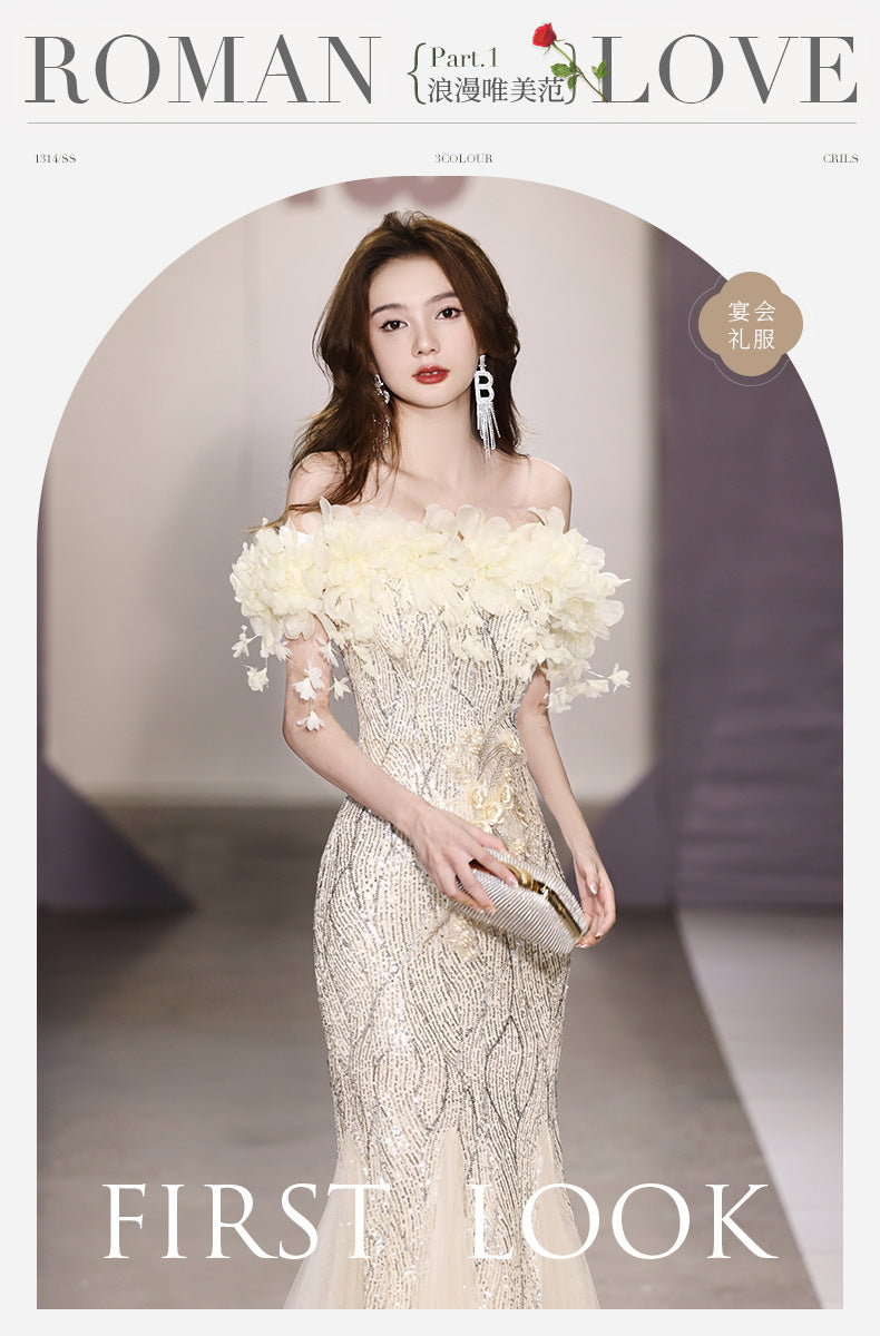 Fishtail Evening Dress 2024 off-Shoulder High-End Affordable Luxury Niche High-End Host Sequined Annual Meeting Dinner Flash