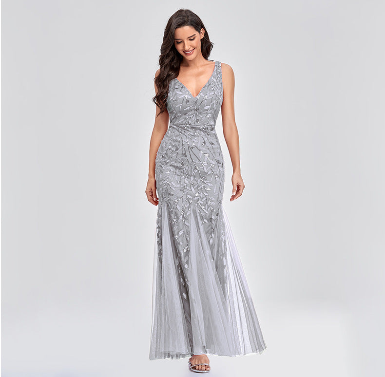 New 2023 Dress Sexy Dress Sleeveless V-neck Embroidery Sequin Slim Fishtail Bridesmaid Evening Dress for Women