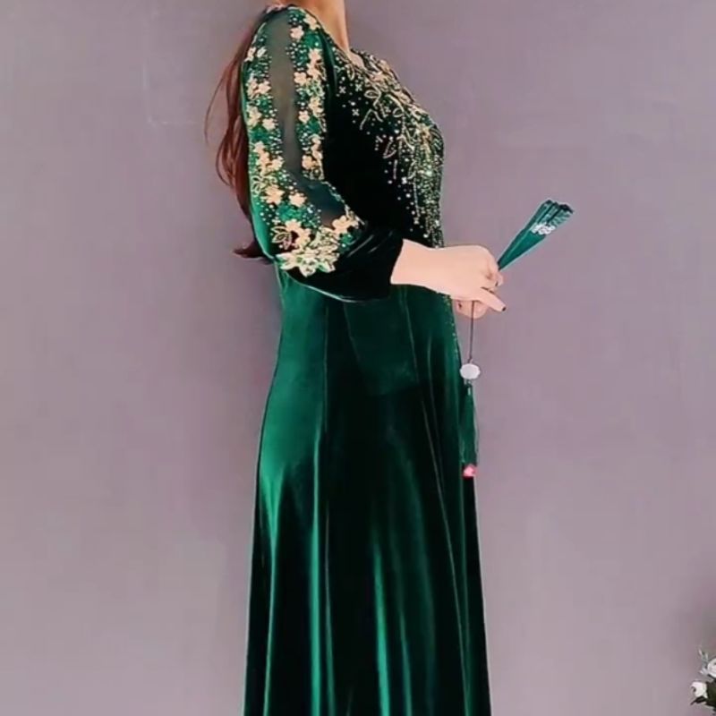 Muslimah Dress Green Black Long sleeve Gown H93332