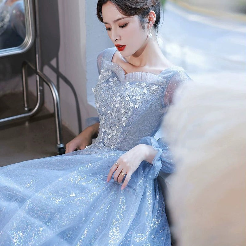 High-End Blue Dress High-End Sense Banquet Host Fairy Vocal Music Student Art Exam Dress Student Performance Dress