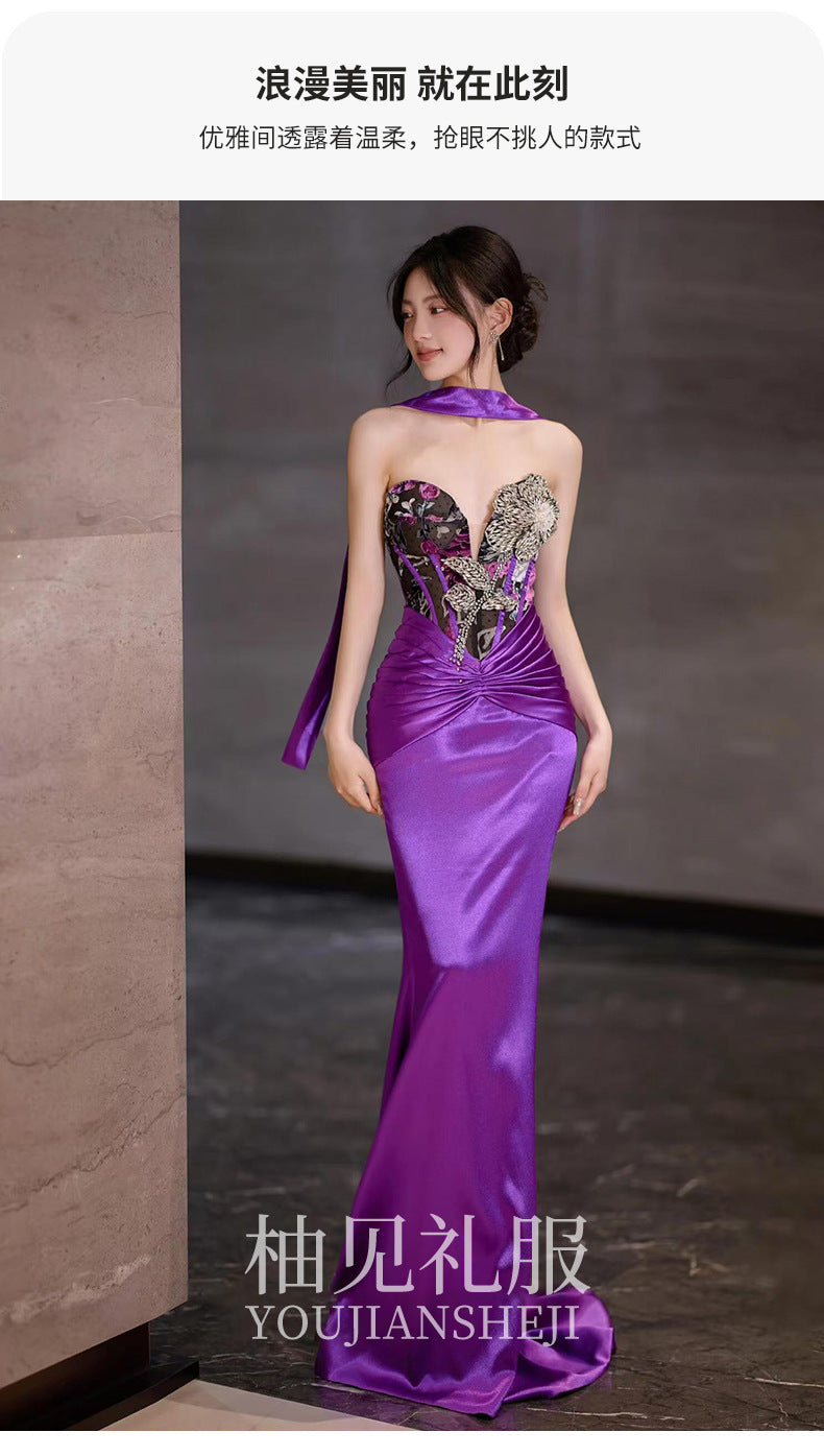 New Chinese Style Morning Gowns Women's 2024 New Design Sense Niche Bride Engagement Skirt Small Size in Purple Trailing Tube Top Toast Clothing