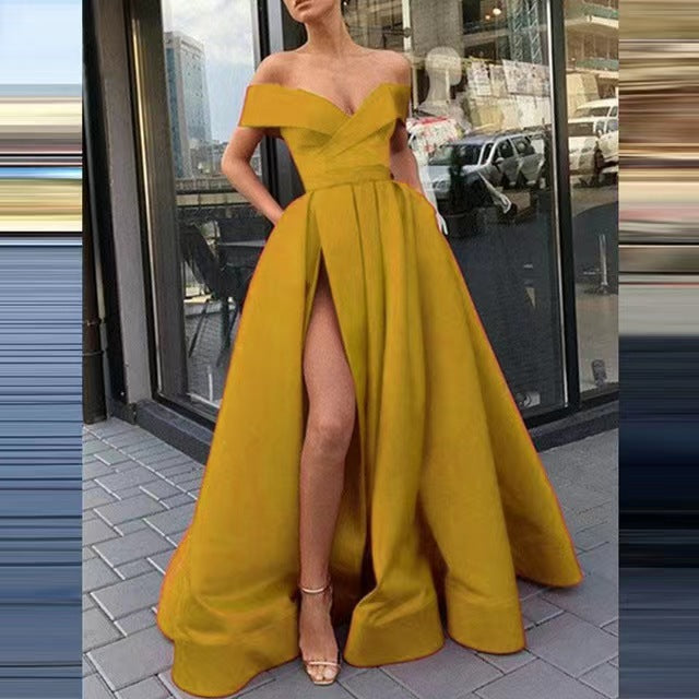 Party Dress satin black red off shoulder dinner dresses gala gown Women's European and American Style 2023 Cross-Border New Arrival Sexy Deep V Solid Color High-End Satin Banquet Evening Dress