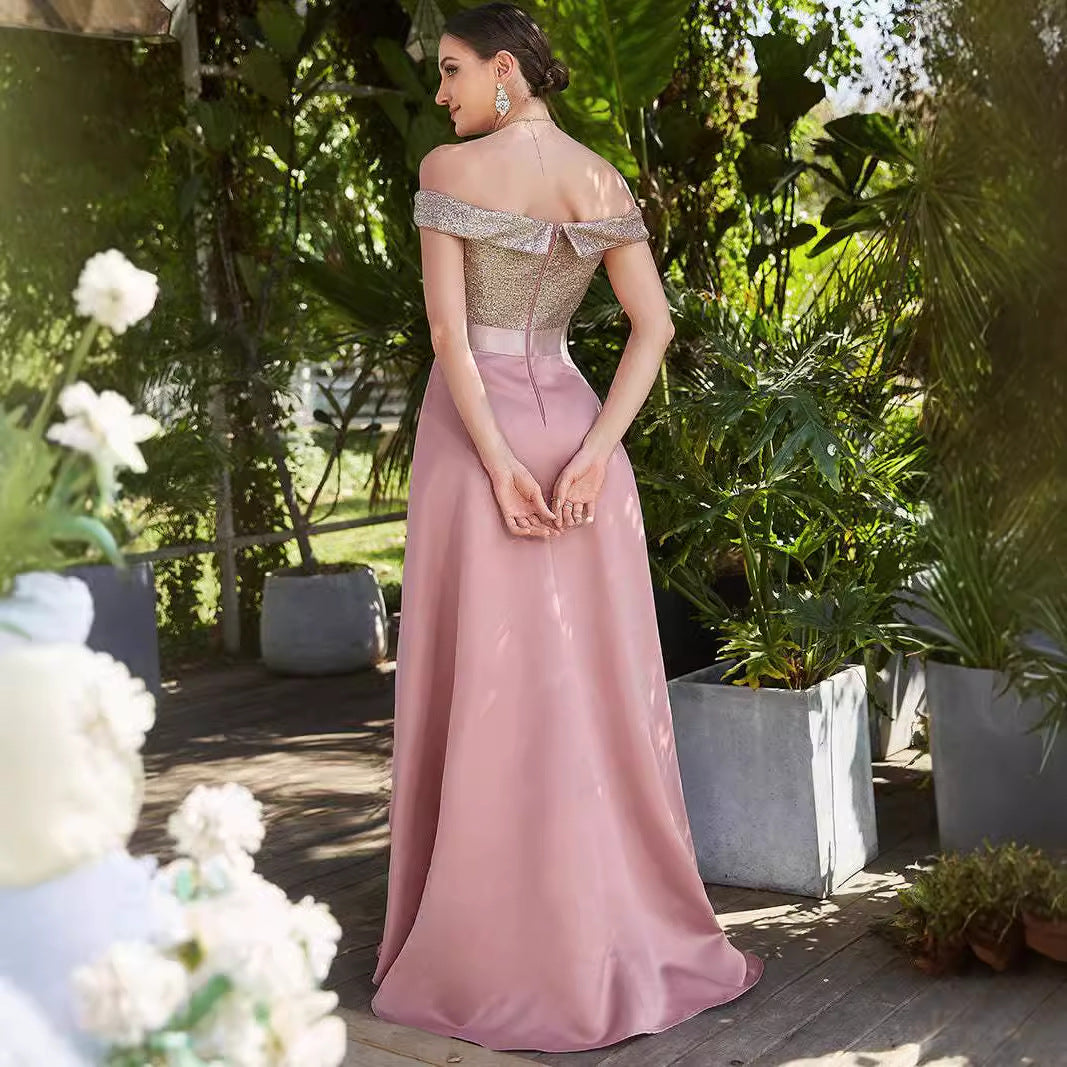 Europe and America Cross Border Foreign Trade off-Shoulder Evening Dress off-Shoulder Sequins High-End Banquet Graceful Satin Dress Small Tail