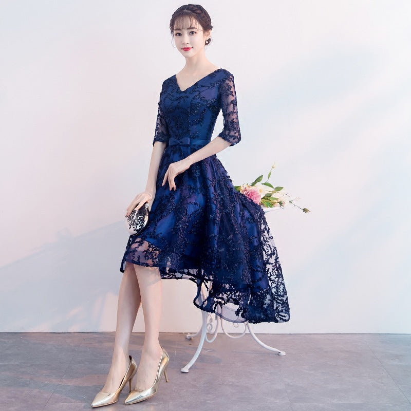 Navy Blue Evening Dress Temperament Banquet Mom Wedding Reception Clothes Front Short Back Length Dress Daily Style Autumn and Winter