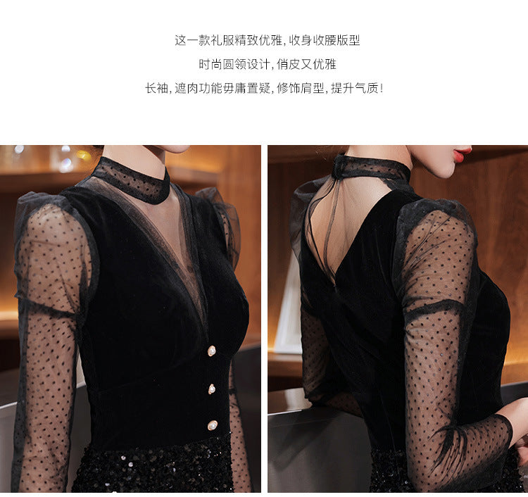 Black Velvet Evening Dress 2024 New Temperament Banquet Fishtail Vocal Dress Art Exam Long Sleeve Host Clothing