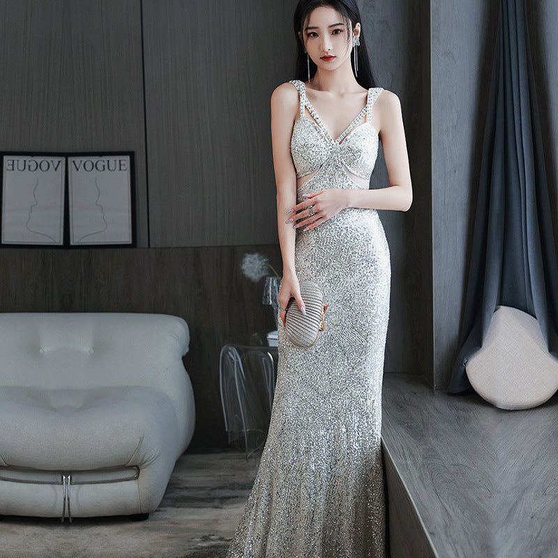 Silver Suspender Evening Dress Bridesmaid Dress Toast Dress V-neck Slimming Dress Banquet Sheath Dress Long Dress