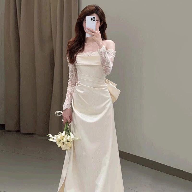 off-Shoulder Light Wedding Dress Bride Super Fairy Wedding Veil High-Grade French Satin White Elegant Fishtail Welcome Dress