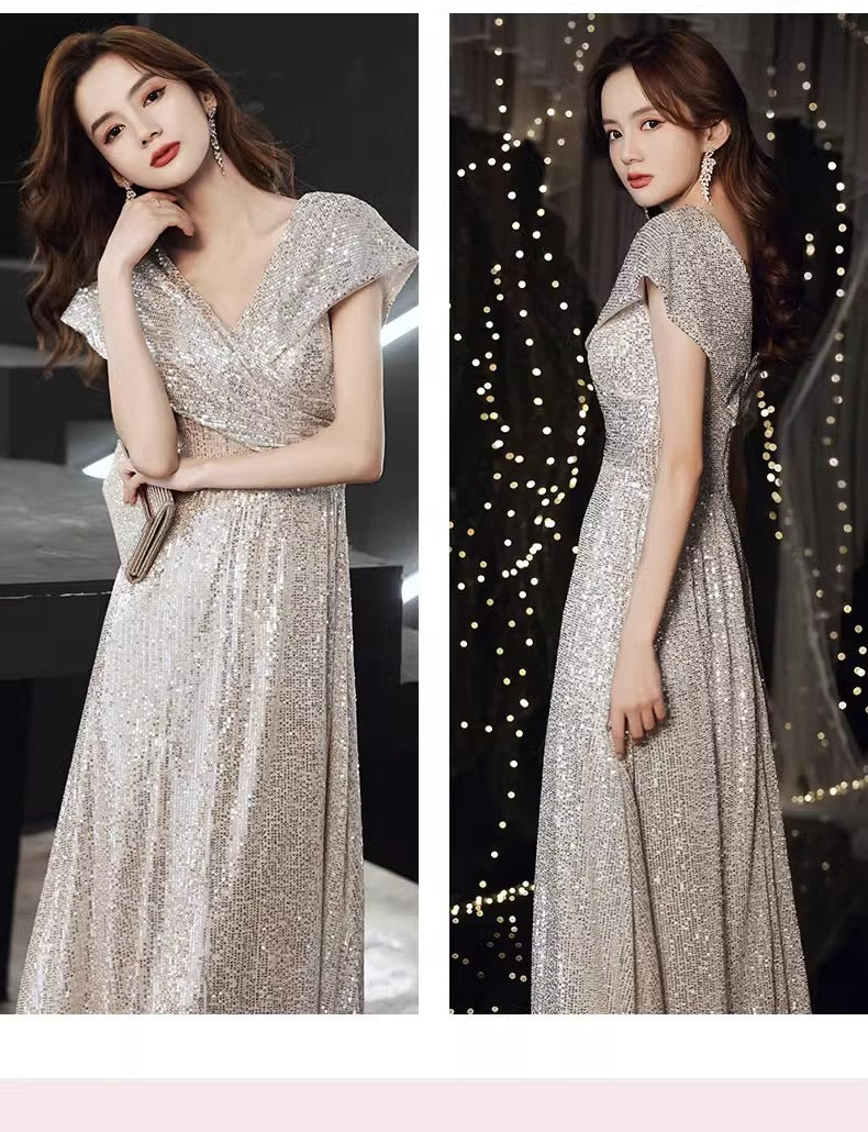 Banquet Evening Dress 2024 New High Sense V-neck Sequins Special Interest Light Luxury Performance Host's Dress Dress