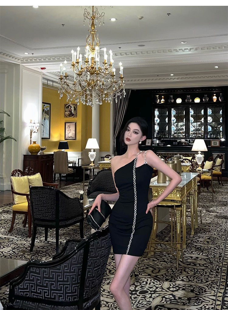 Sexy Irregular Spaghetti-Strap Dress Women's Spring and Summer French Pure Hot Girl Temperament Waist-Controlled Banquet Dress Black Dress