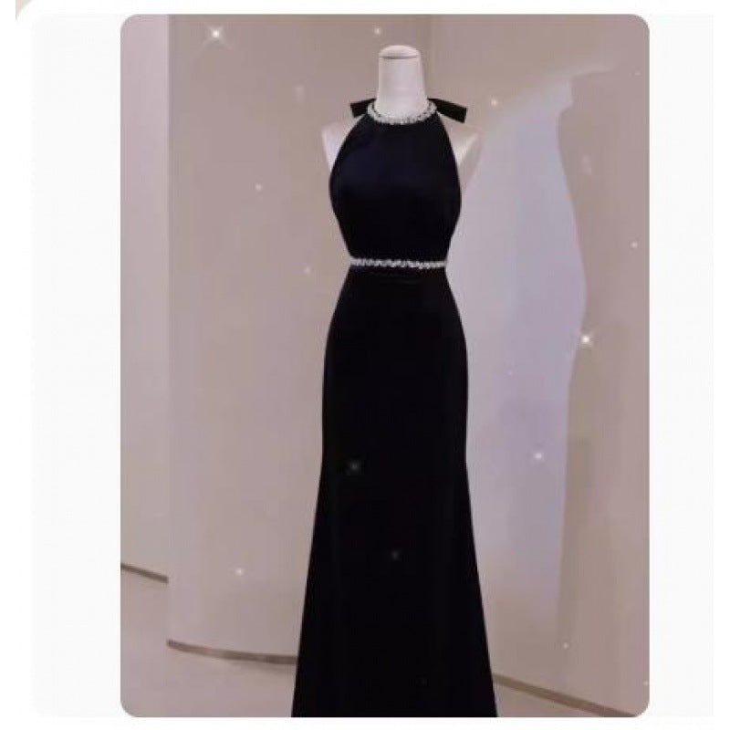 Hepburn style black fishtail halter dinner velvet evening dress ball gown h2811