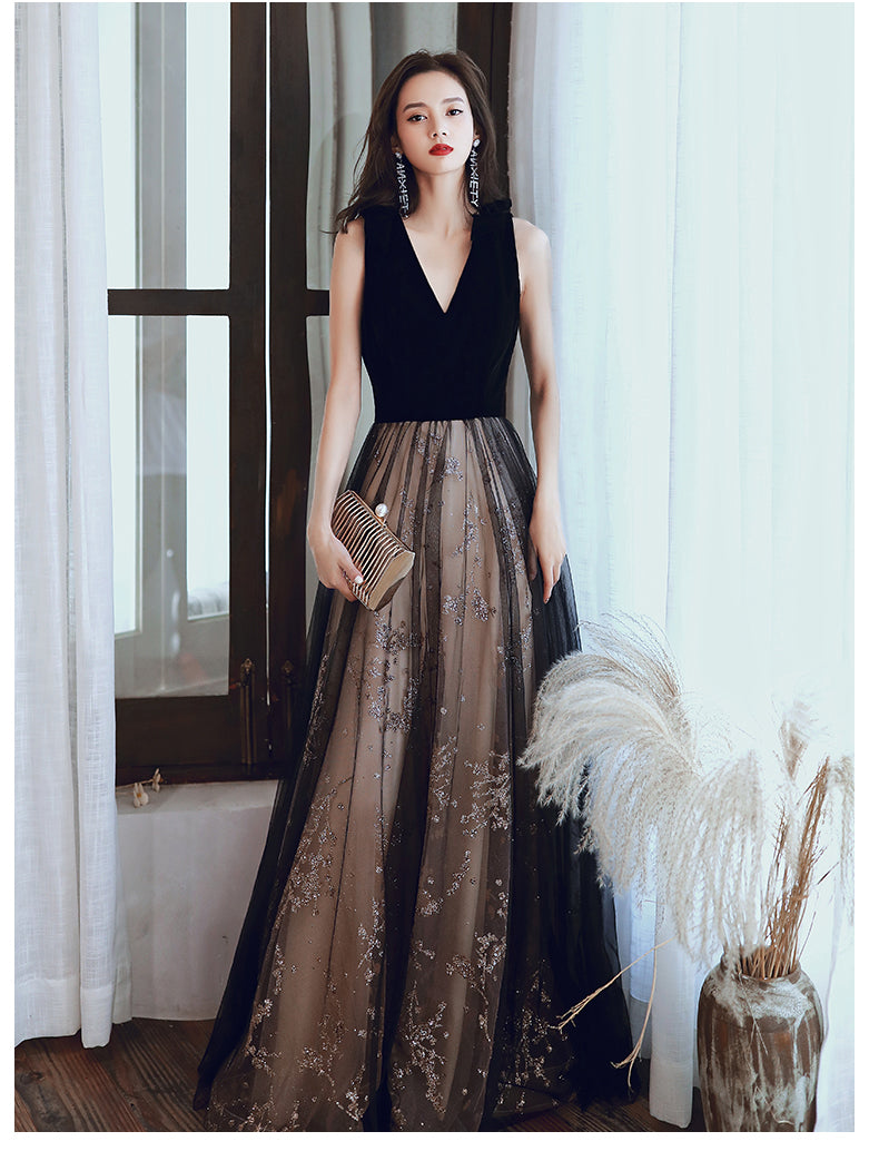 Annual Party Evening Dress Women's Banquet Temperament Dress Black Long Host Velvet V-neck Elegant Lace