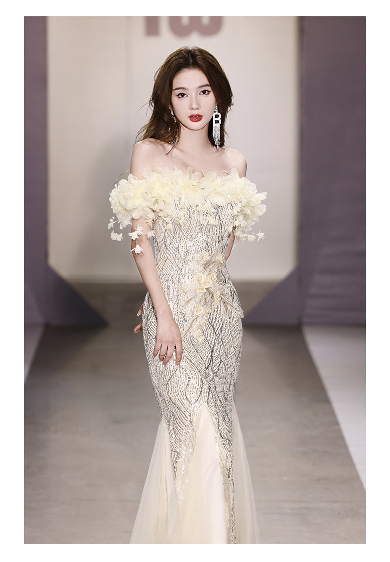 Fishtail Evening Dress 2024 off-Shoulder High-End Affordable Luxury Niche High-End Host Sequined Annual Meeting Dinner Flash