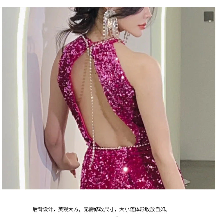 Rose Red Evening Dress Temperament Entry Lux Sense Backless Fishtail Engagement Dress Bridal Halter Toast Dress