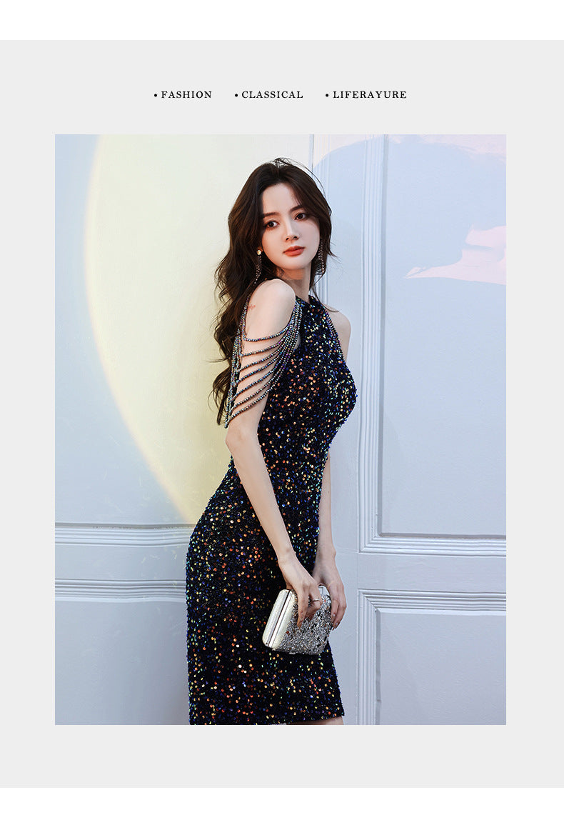 Black Evening Party Dress Sequined New Banquet Short-Length Halter Fishtail Socialite Gathering Temperament Host Jumpsuit Skirt