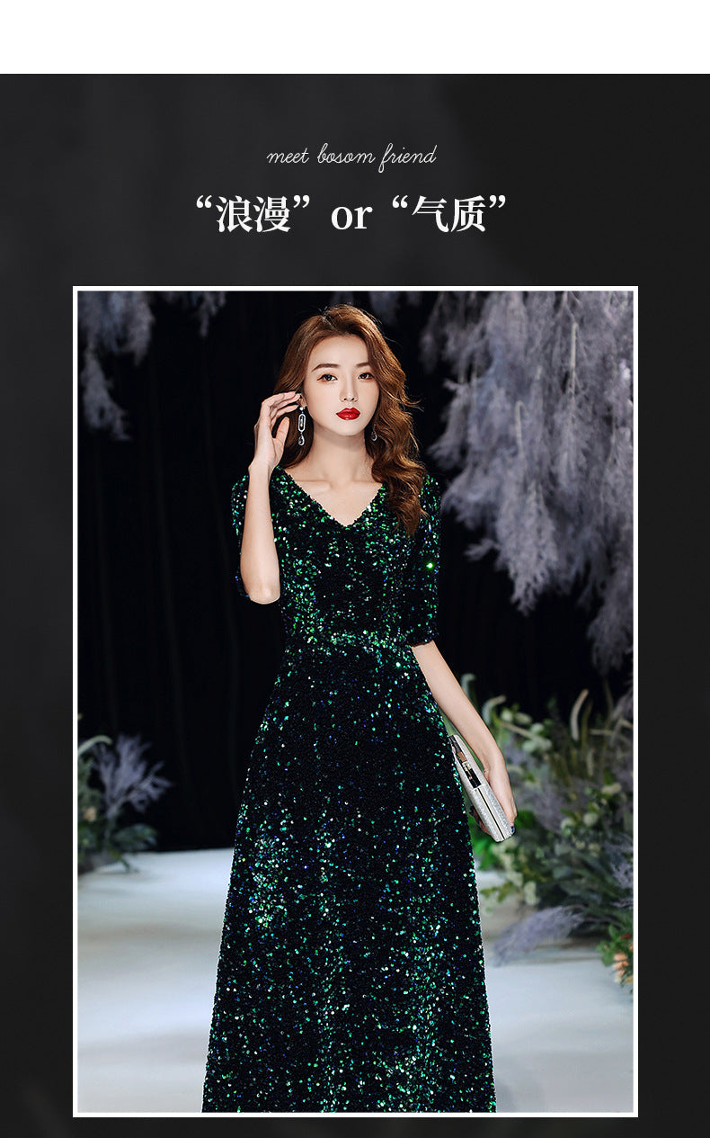 Green Sequins Annual Party Evening Dress Female 2024 Spring and Spring New Banquet Temperament Texture Host Long Dress