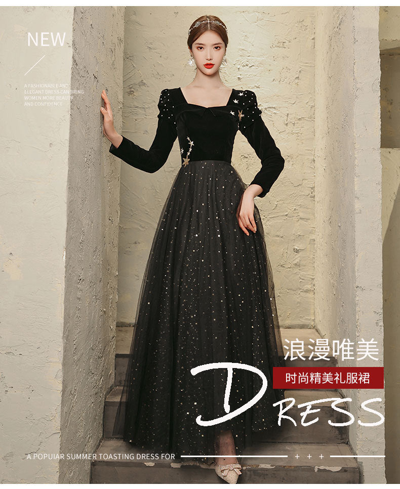 Banquet Evening Dress 2024 New Black Ladies Long Sleeves Graceful Formal Dress Host Performance Dinner Annual Meeting Gift