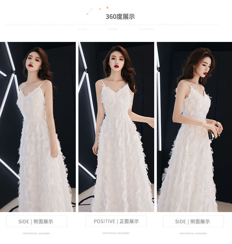 2024 Little Evening Dress Female White Elegant Graceful Fairy Banquet Birthday Party Host Everyday Dress Long