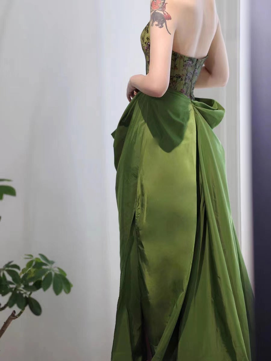 Green New Chinese Style Morning Gowns Dress Toast Dress Bride Engagement Dress Light Luxury Minority Long Tube Top Dress