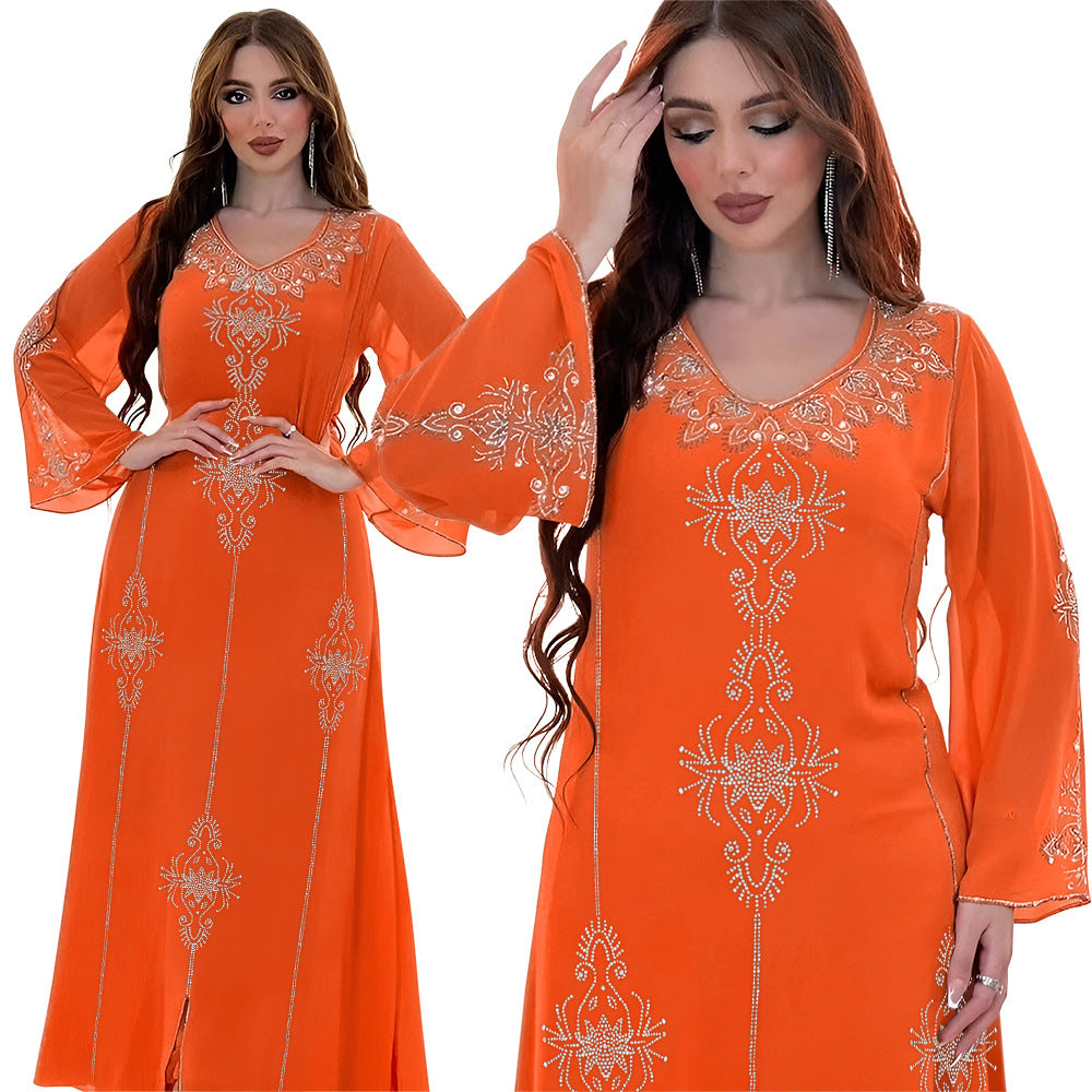 Xqy500176 Saudi Arabia Dubai Fashion Rhinestone Dress Summer Chiffon Robe Middle East Women's Dress