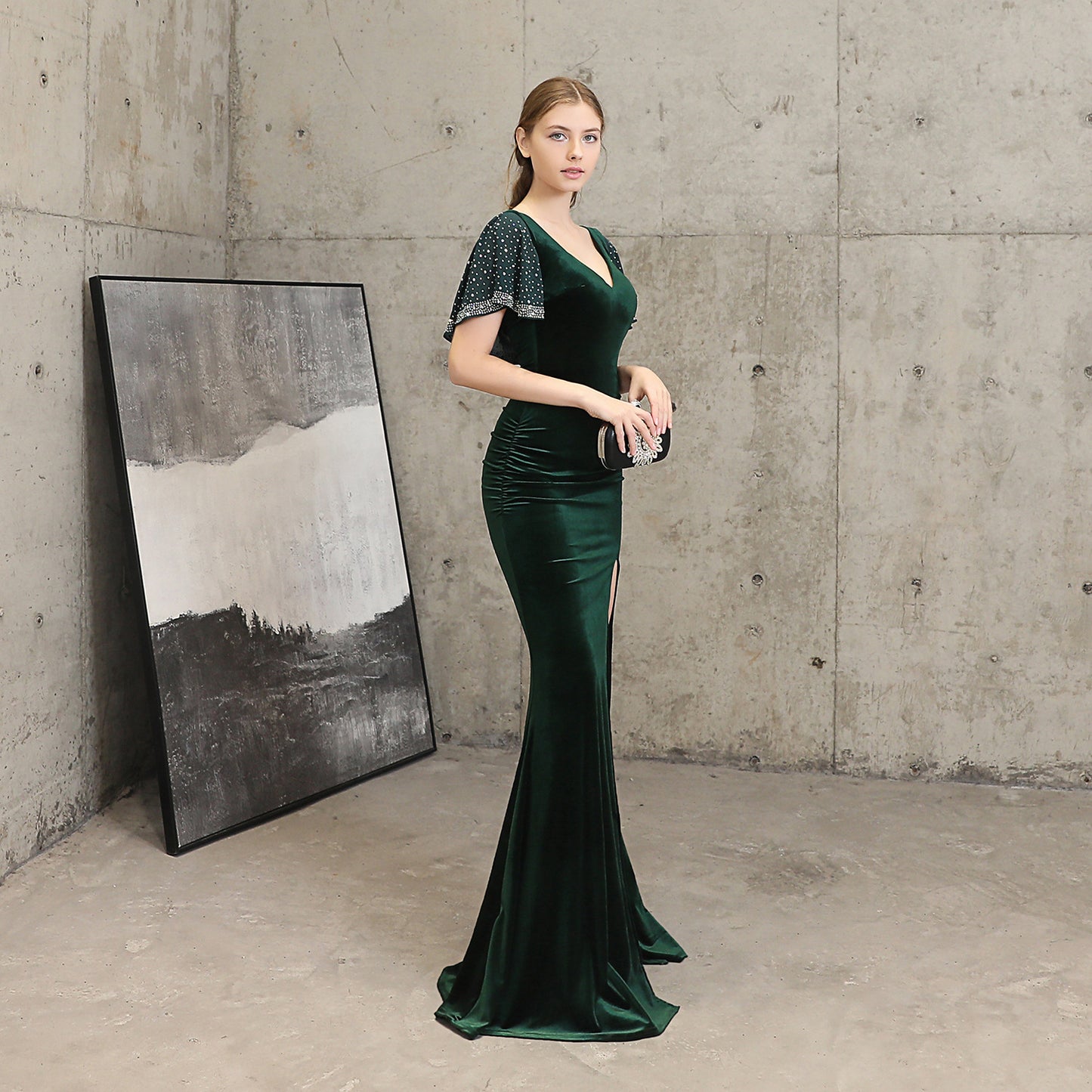 18110# Velvet Sequin Rhinestone Fishtail Banquet Elegant Graceful Annual Meeting Host Car Model Party Formal Dress Female Winter