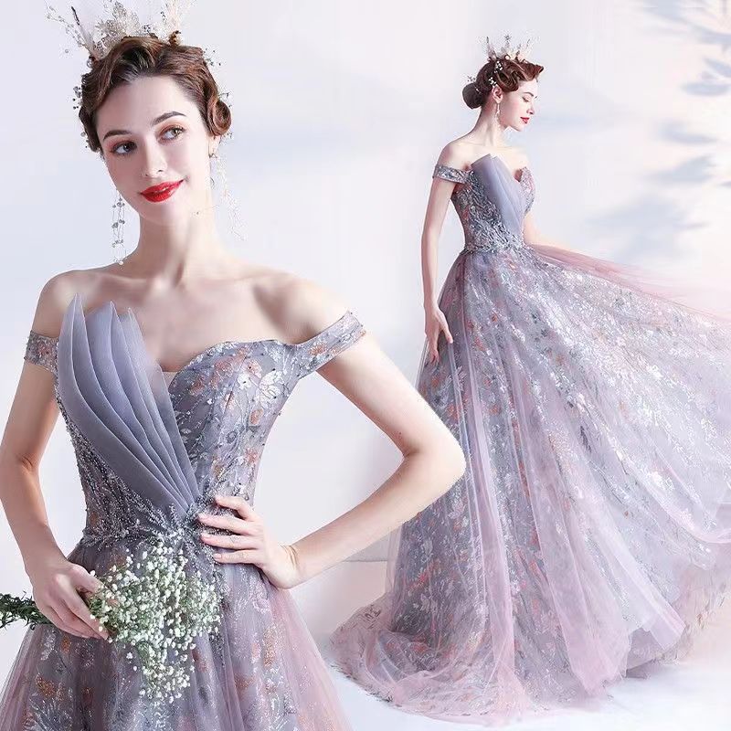 Wholesale Purple Evening Dress Bridal Wedding Toast Dress 2023 New Banquet Temperament Host Dress Autumn