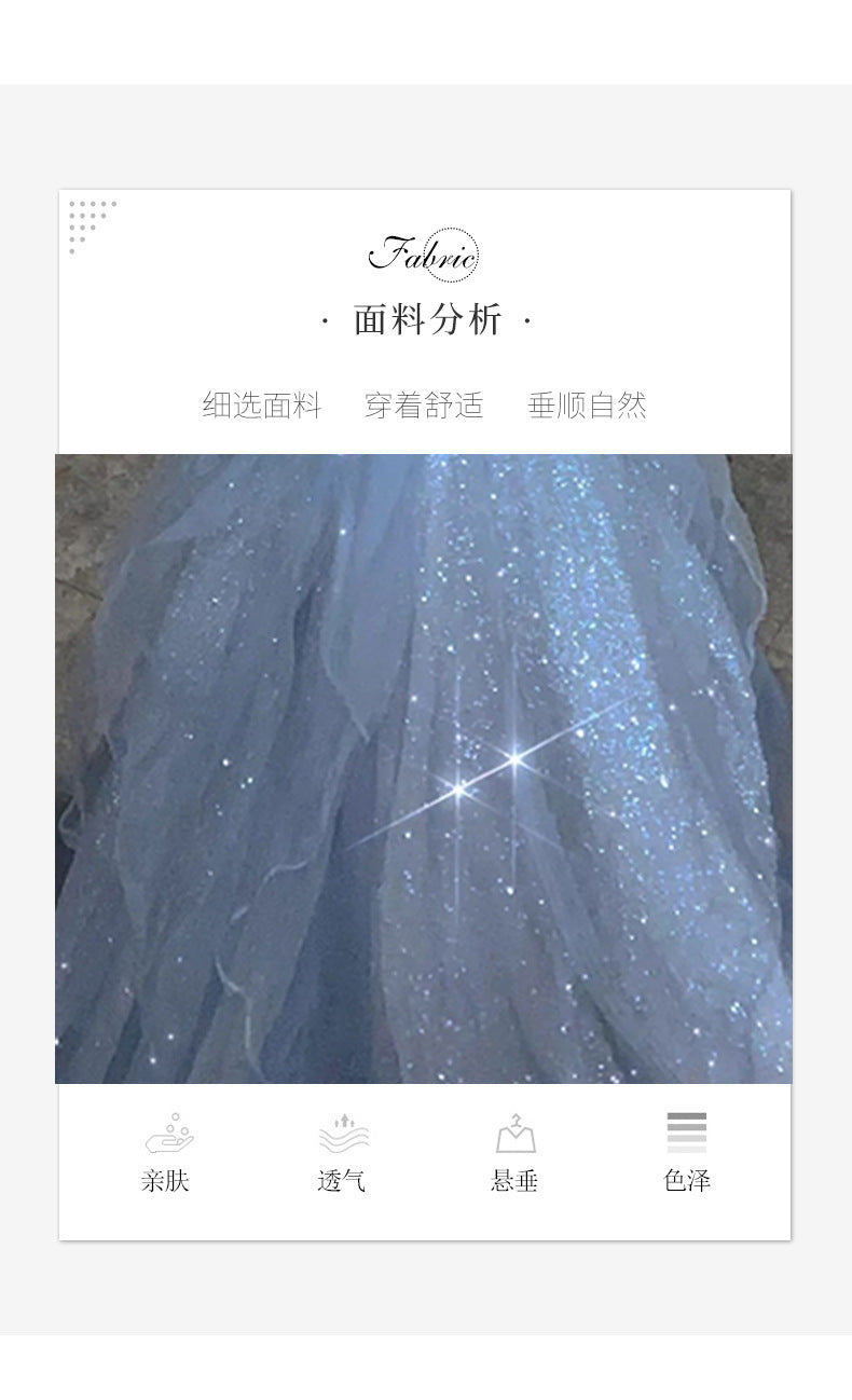 French Princess Escape Evening Dress Super Fairy Blue Student Art Exam Performance Dress off-Shoulder Temperament Bride Toast Dress