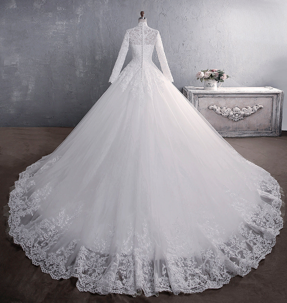 Wedding Dress Long Sleeve Muslimah Lace Bridal Stand Collar Large Tail Dinner Dresses Evening Ball Muslim Bride Gown H900