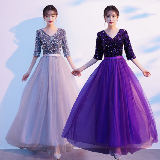 Party dress dinner gown ball banquet Sequin lace purple dresses Performance Costume Female Dress Adult Evening Dress Slimming Elegant Dinner Competition Host Conductor Costume H9923