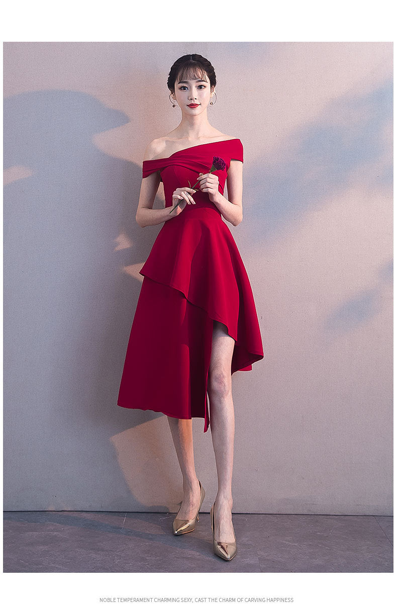 off-Shoulder Toast Dress 2023 Summer New Modern Bride Wedding Red Banquet Small Evening Dress Skirt Women's Slimming