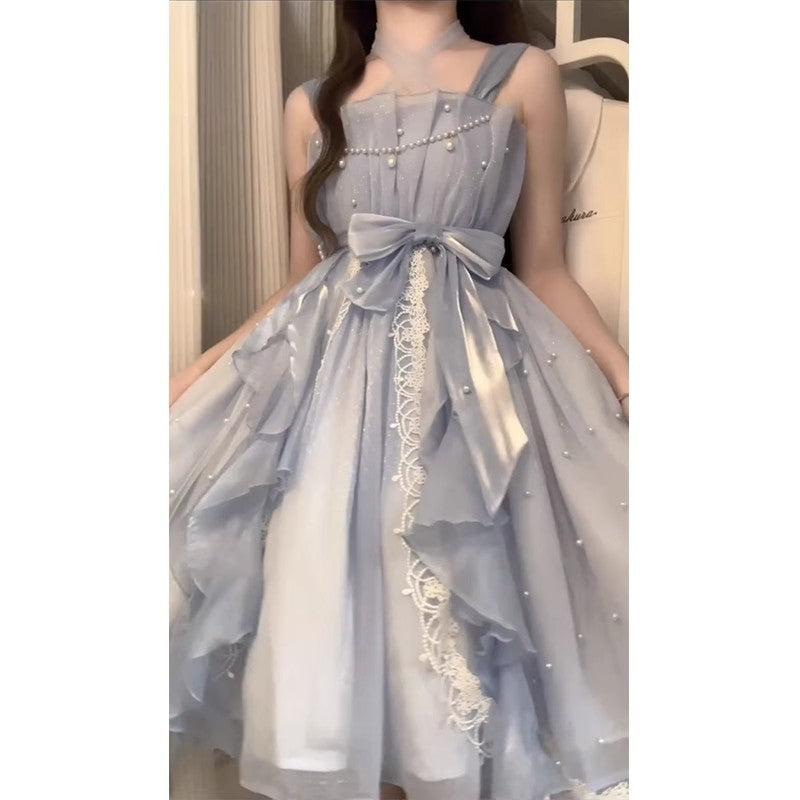 French First Love Sweet Dress Lolita Princess Birthday Little Dress Ruffled Spaghetti Straps Dress High Sense