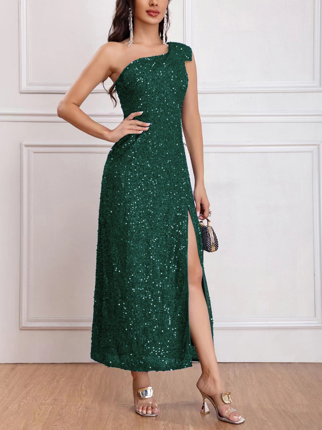 European and American Style New Women's Clothing 2024 Spring Fashionable Sequins Shoulder Sleeveless Split Dress Solid Color Foreign Trade Wholesale